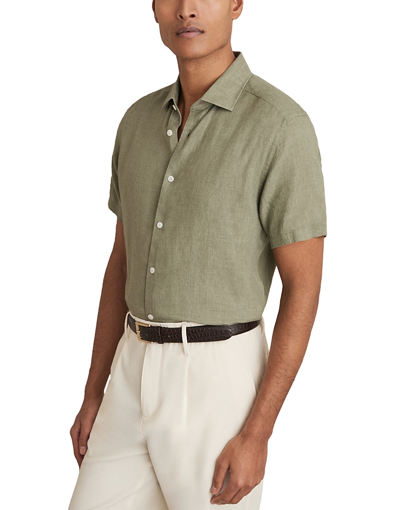 Reiss Holiday Slim Fit Short Sleeve Linen Shirt In Green