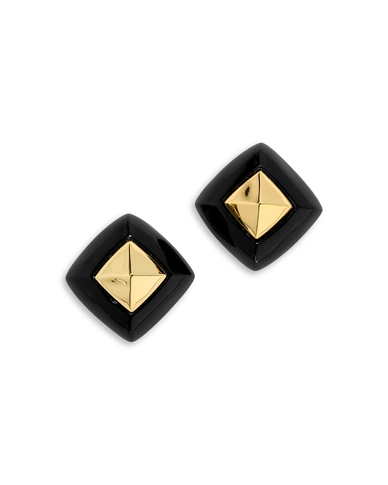 ALEXIS BITTAR LUMINOUS LUCITE ARMOR BLACK FRAMED DIAMOND SHAPE DROP EARRINGS IN 14K GOLD PLATED