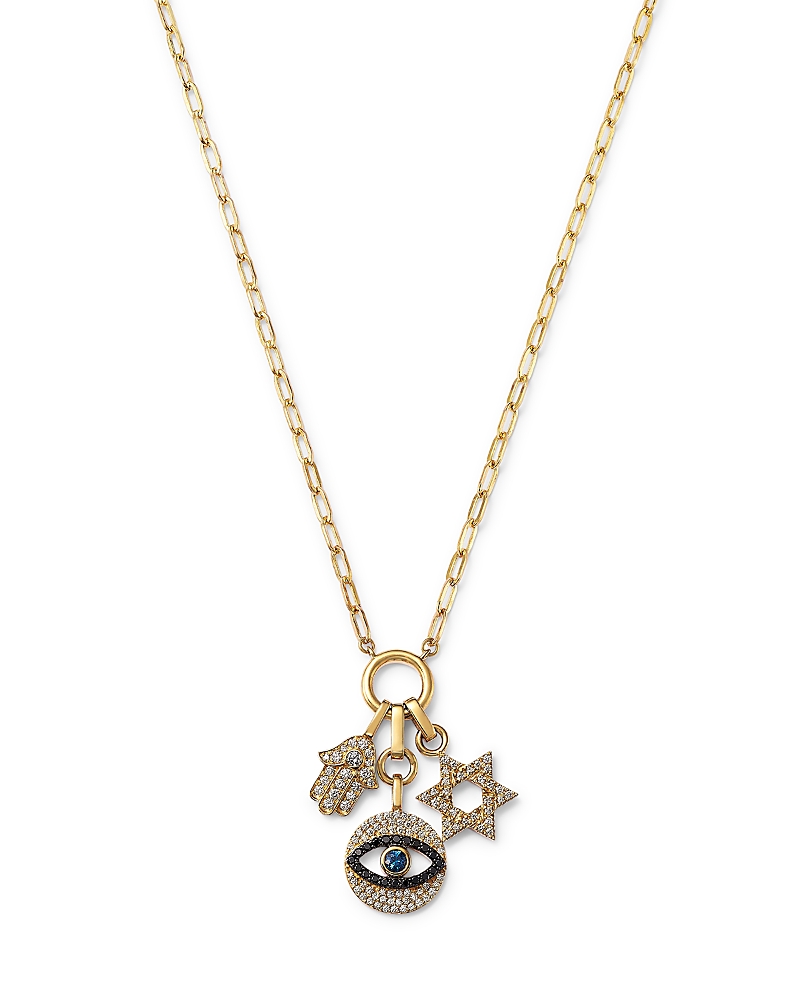 Bloomingdale's Fine Collection Blue Sapphire & Black & White Diamond Evil Eye, Hamsa, And Star Of David Charm Necklace With A Paper