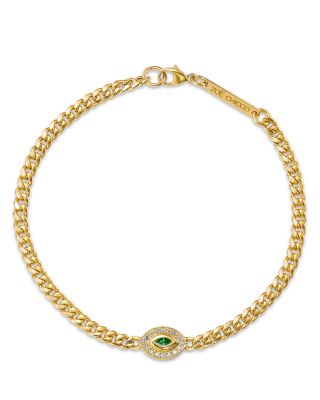 14K Yellow Gold Emerald Marquis & Diamond Evil Eye Link Bracelet