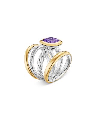 DY Mercer&reg; Four Row Stone Ring in Sterling Silver with 18K Yellow Gold, Gemstone and Diamonds, 14mm