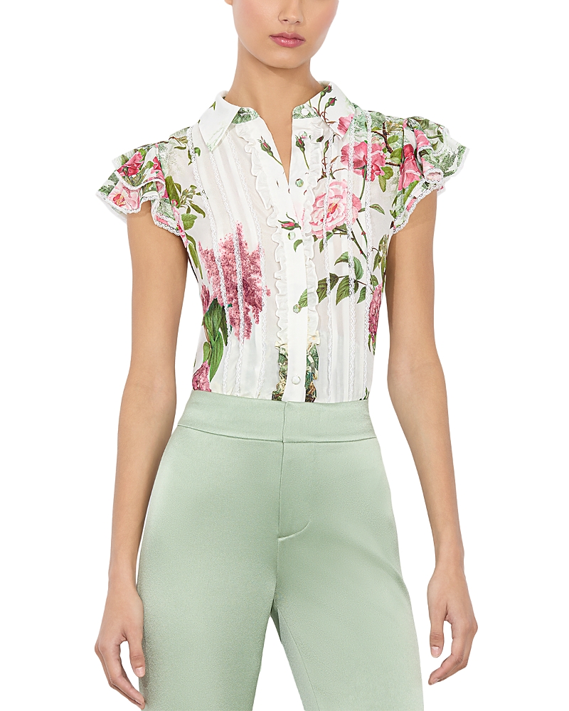 Alice And Olivia Alice + Olivia Minda Silk Blouse In White Floral