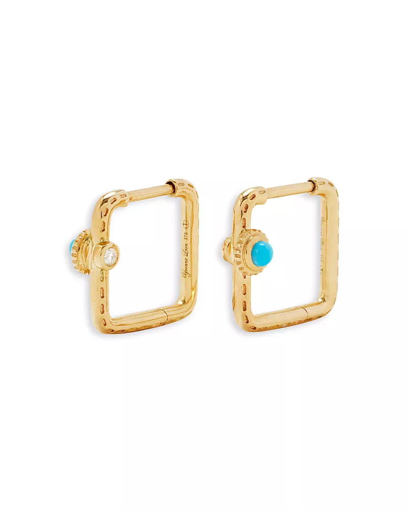 Yvonne Leon 9K Yellow Gold Paire de Creoles Mini Gousset Turquoise & Gray Diamond Square Hoop Earrings