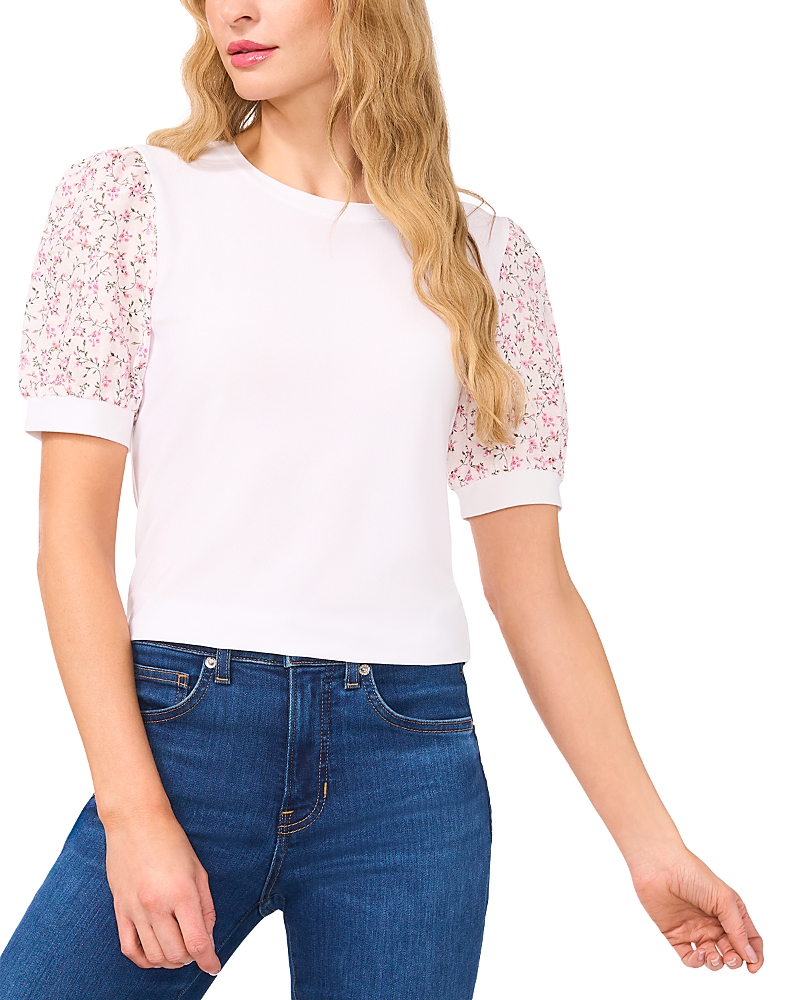Cece Mixed Media Puff Sleeve Top In New Ivory