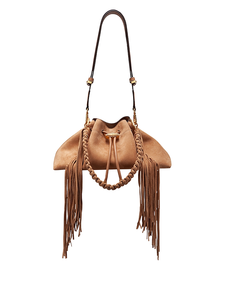 Jimmy Choo Medium Cinch Suede Shoulder Bag With Fringes In Toffee/gold