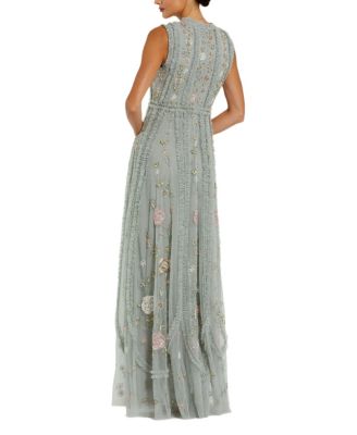 Floral Mesh Sleeveless A-line Micro Ruffle Gown