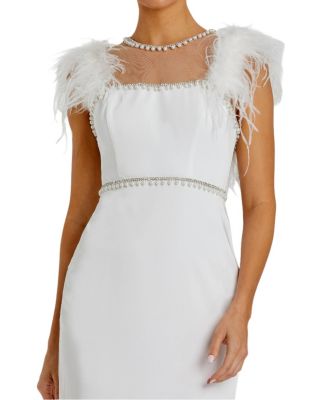 Feather Cap Sleeve Pearl Embellished T-Length Fit Dress