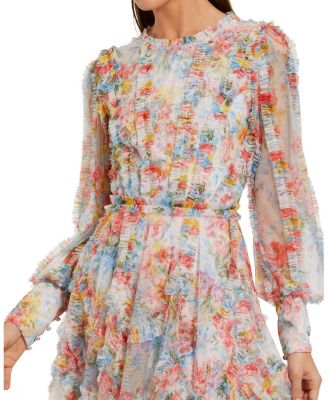 Floral Mesh Ruffle High Neck Mini Dress