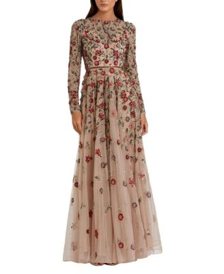 Embellished High Neck Long Sleeve A Line Gown