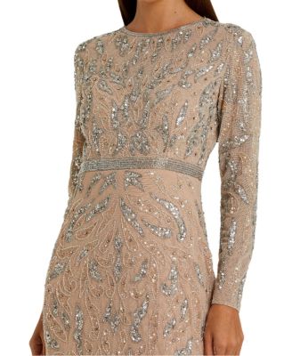  Beaded Long Sleeve Evening Gown