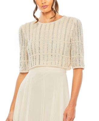  Beaded 3/4 Sleeve Chiffon Gown