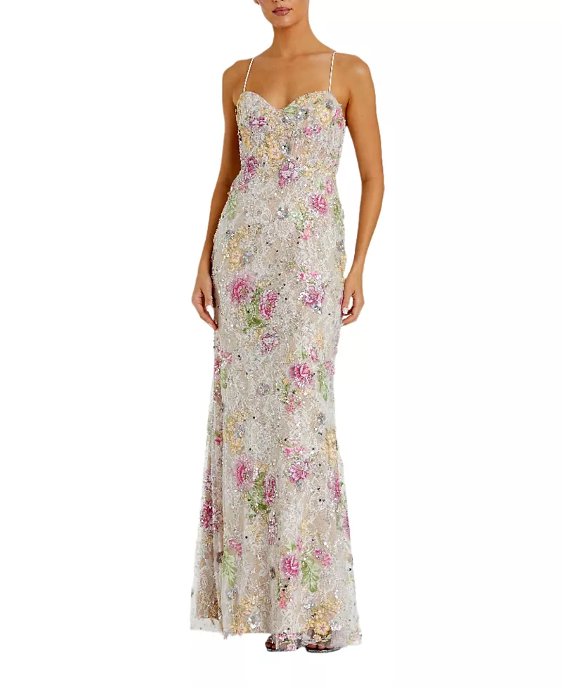 Mac Duggal Floral Embellished Sleeveless Bustier Gown