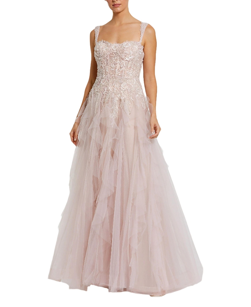 Mac Duggal Thin Strap Bustier Tulle Gown With Ruffle Skirt In Porcelain Multi