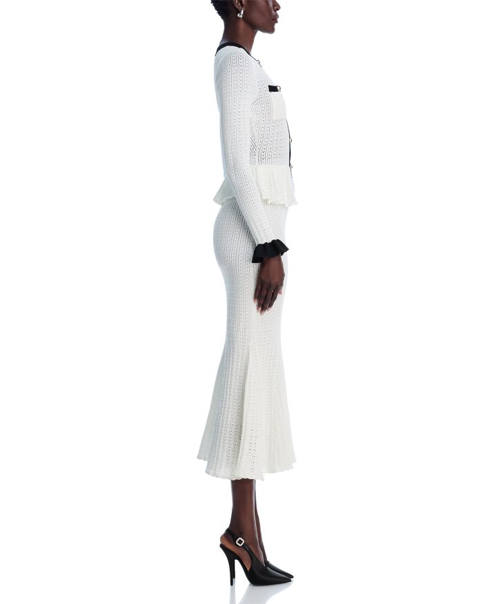 White Pointelle Knit Contrast Midi Dress