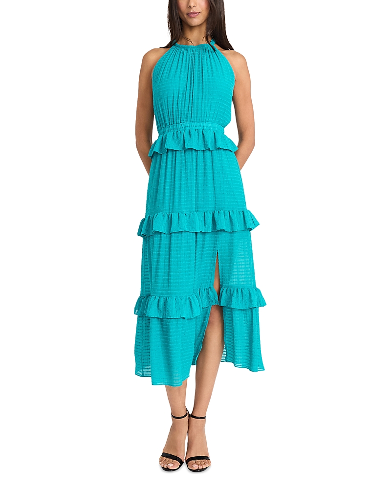 Donna Morgan Ruffle Tiered Halter Neck Midi Dress In Blue Grass