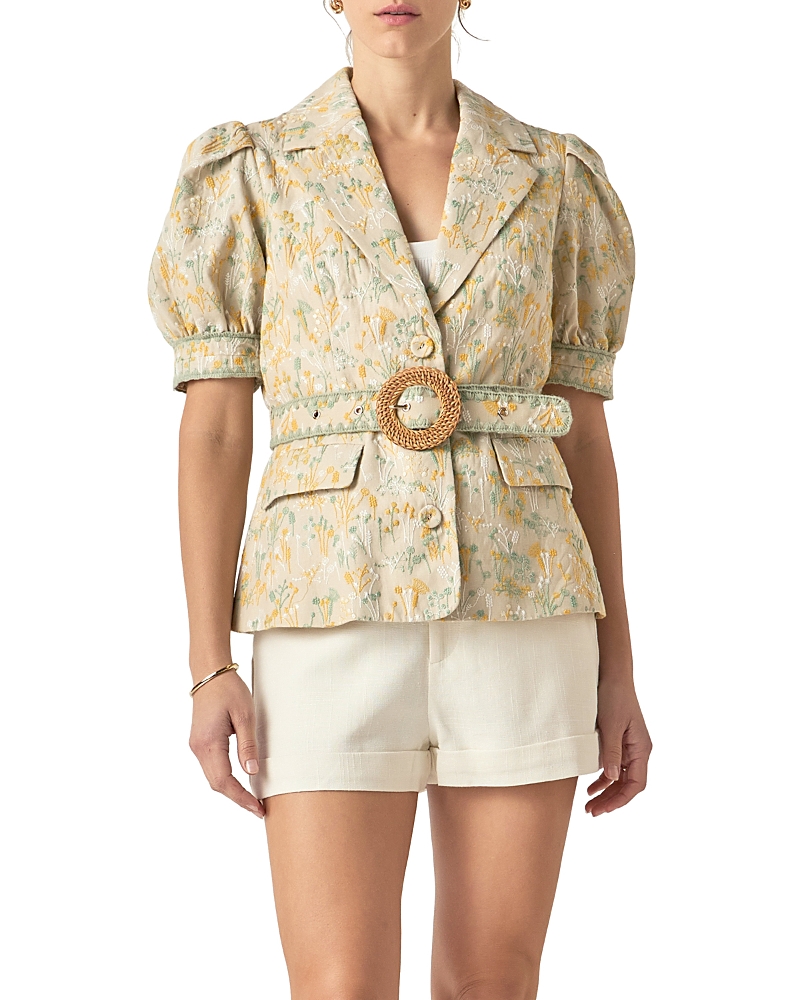 English Factory Women's Embroidered Linen Belted Short Sleeve Jacket