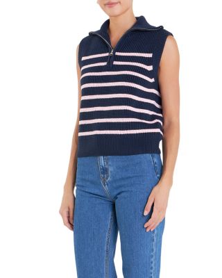 Women's Stripe Half Zip Up Sleeveless Knit Top