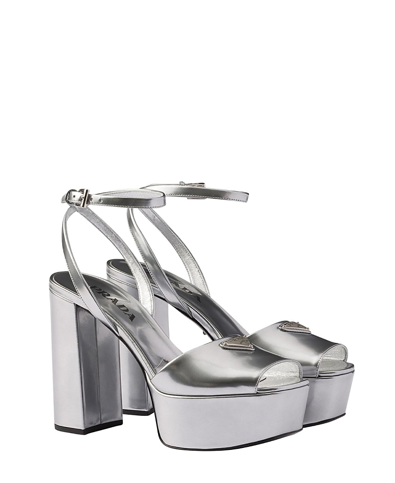 Prada Women's Metallic Leather Platform Logo Sandals In Silver