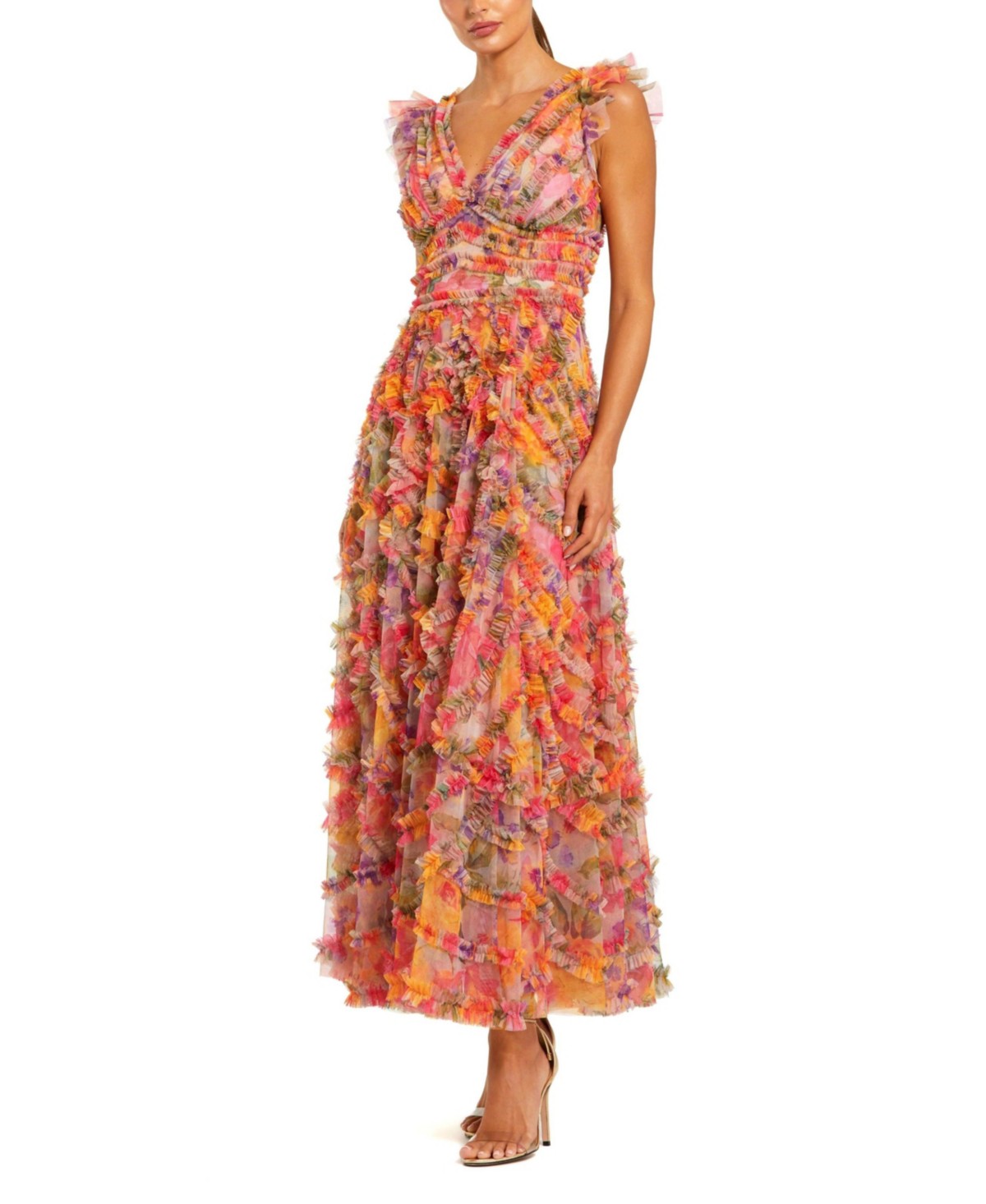 Floral Mesh Ruffle V Neck Ankle Dress