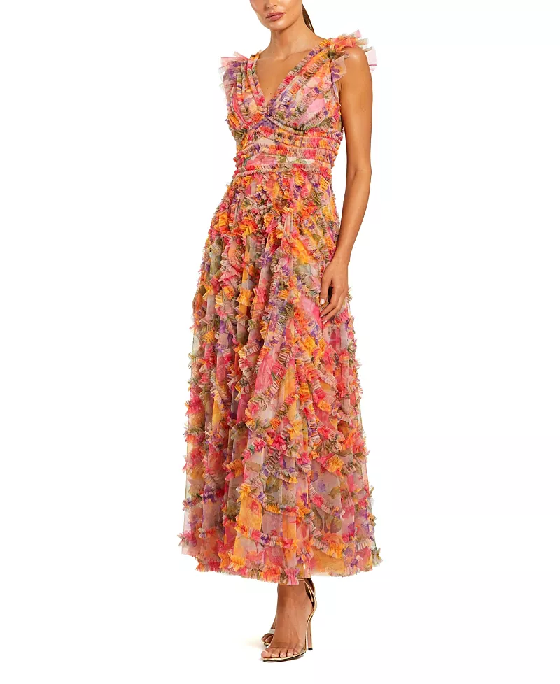 Mac Duggal Floral Mesh Ruffle V Neck Ankle Dress