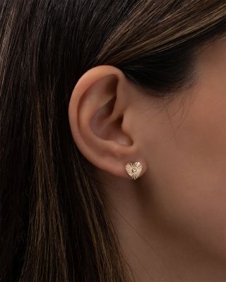 14K Yellow Gold Diamond Pleated Heart Stud Earrings