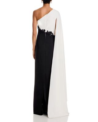 Crepe One Shoulder Drape Sleeve 3D Trim Gown