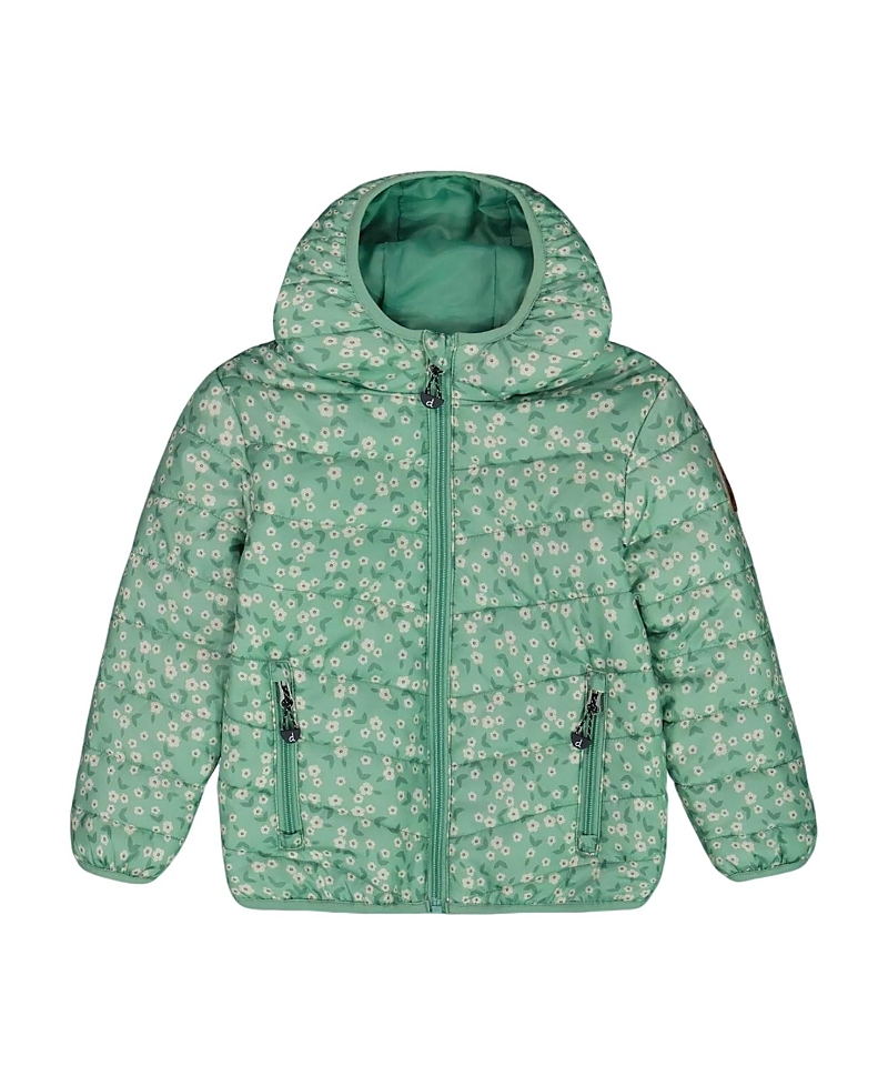 Deux Par Deux Girls' Printed Quilted Mid-season Jacket - Baby In Small White Flowers On Sage Green