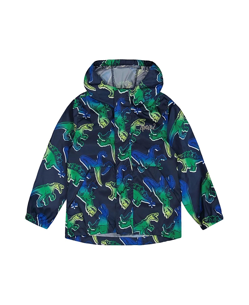 Deux Par Deux Boy's Printed Packable Windbreaker Blue And Green Dino On Navy In Blue And Green Dino On Navy