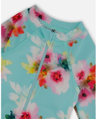 Girls' Printed One-Piece Rashguard with Frills - Little Kid