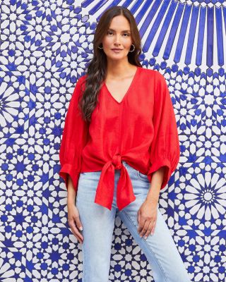Blouson Sleeve Linen Tie Front Top