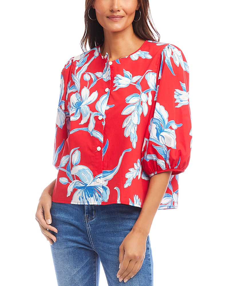 Karen Kane Floral Print Puff Sleeve Cotton Button-up Shirt