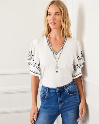 Embroidered Flutter Sleeve Top