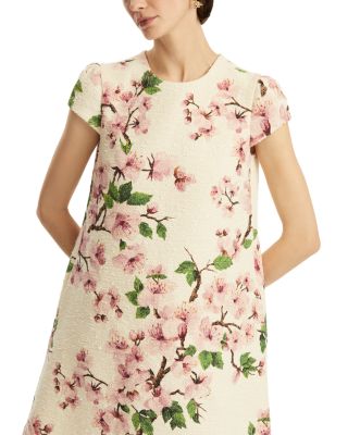 Cap Sleeve Embroidered Cherry Blossom Tweed Dress