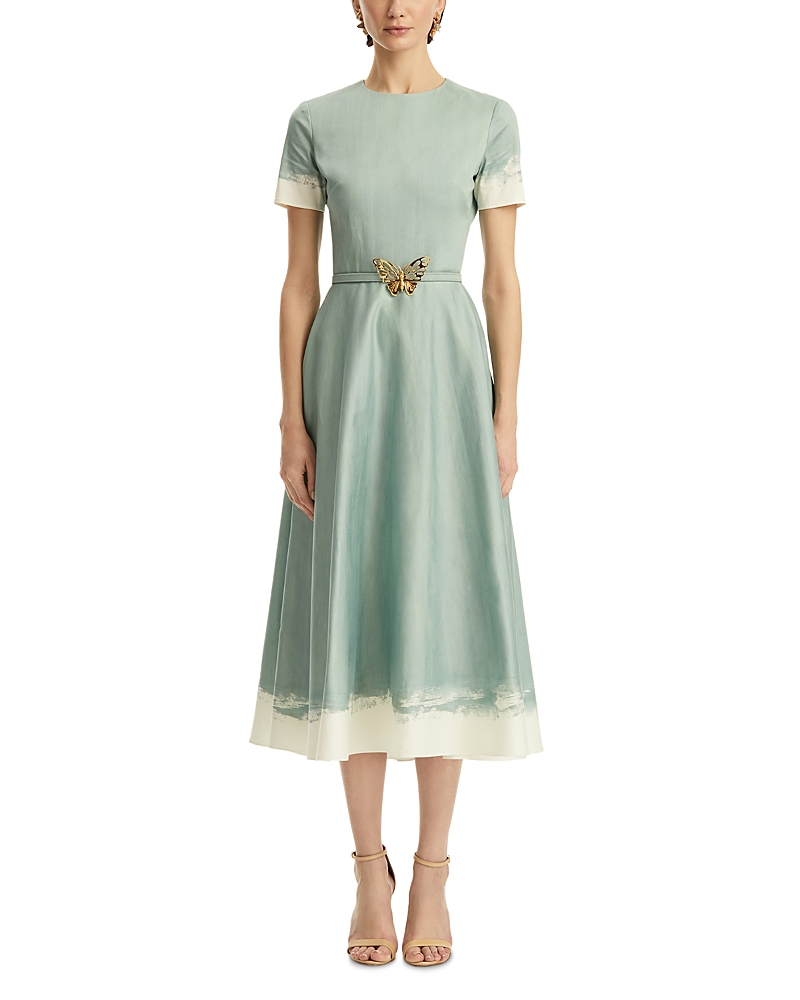OSCAR DE LA RENTA OSCAR DE LA RENTA SHORT SLEEVE ABSTRACT POPLIN DRESS