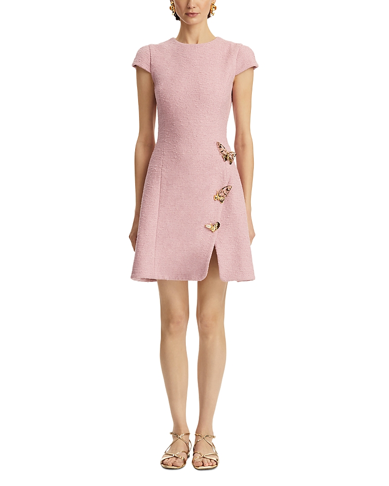 Shop Oscar De La Renta Cap Sleeve Butterfly Detail Split Skirt Tweed Dress In Lily