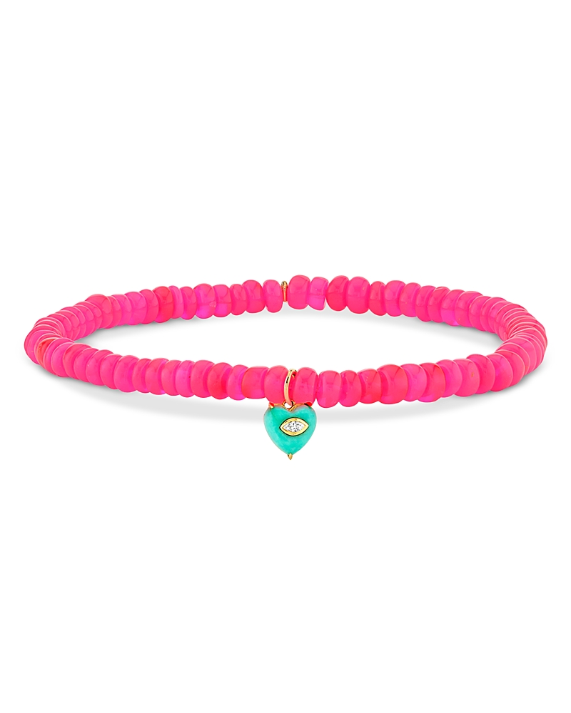 Sydney Evan 14k Yellow Gold Diamond & Turquoise Heart Charm Hot Pink Ethiopian Bead Stretch Bracelet In Pink