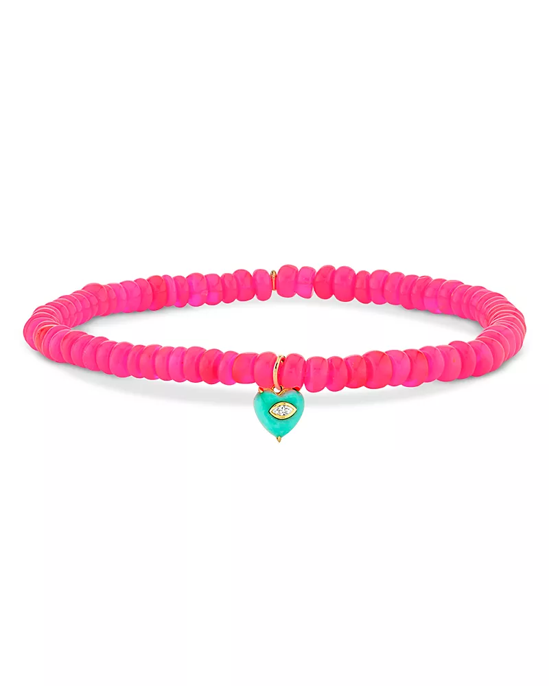 Sydney Evan 14K Yellow Gold Diamond & Turquoise Heart Charm Hot Pink Ethiopian Bead Stretch Bracelet