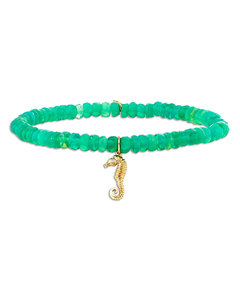 Sydney Evan 14k Yellow Gold Diamond Seahorse Charm Jungle Green Ethiopian Opal Beaded Stretch Bracelet In Green