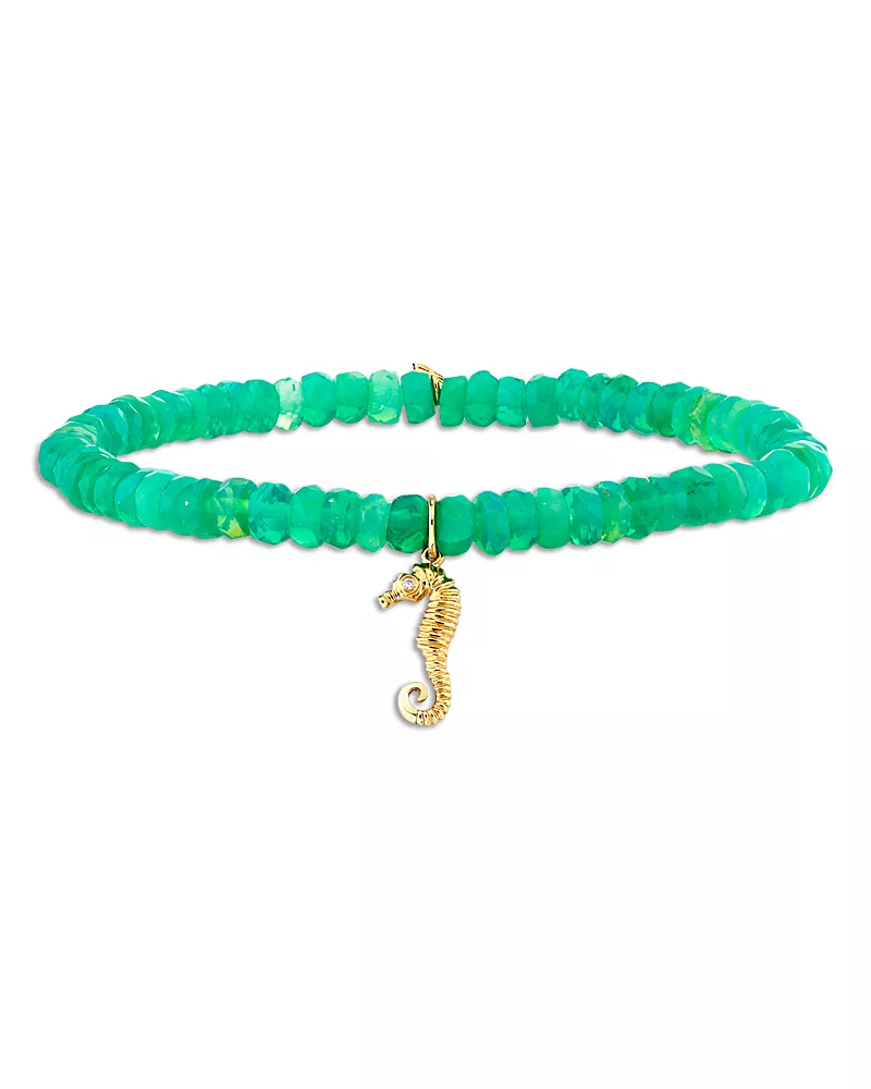 Sydney Evan 14K Yellow Gold Diamond Seahorse Charm Jungle Green Ethiopian Opal Beaded Stretch Bracelet