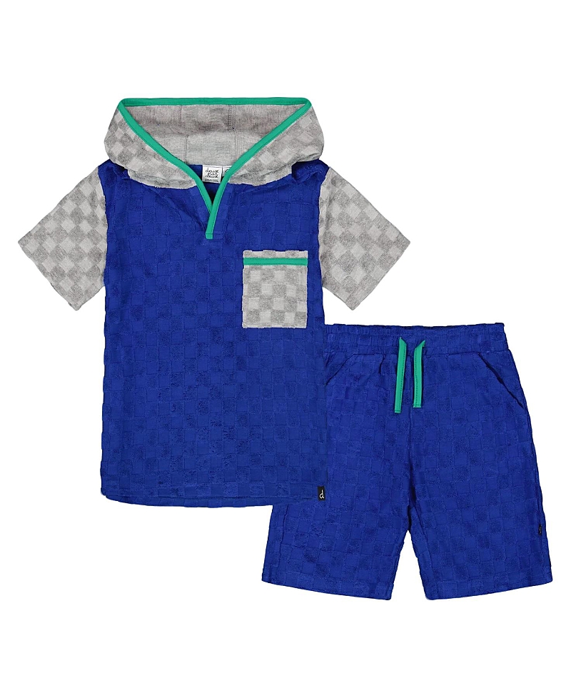 Deux Par Deux Boy's Printed Hooded Terry Top And Shorts Set Blue And Gray