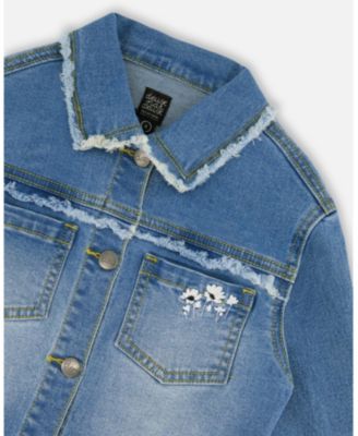 Girls' Frayed Denim Embroidery Jacket - Little Kid