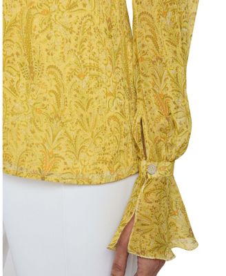RUE Long Sleeve Blouse with Ruffled Cuffs in Paisley Printed Crinkle Georgette
