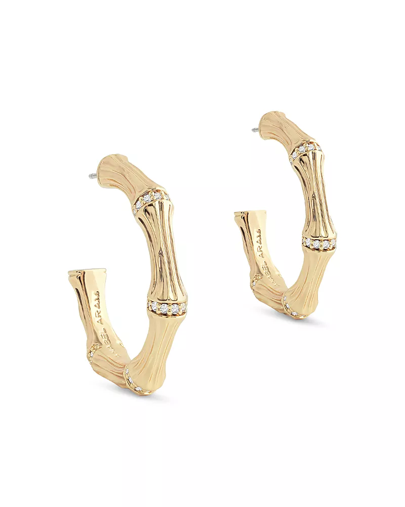 Anabel Aram Pave Bamboo Medium Hoop Earrings in 18K Gold Plated