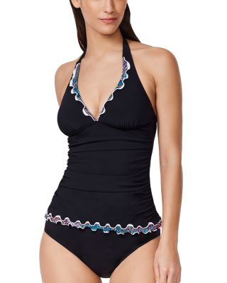 Layla Tricolore Solid Halter Tankini Top &amp; Side Slit Swim Skirt