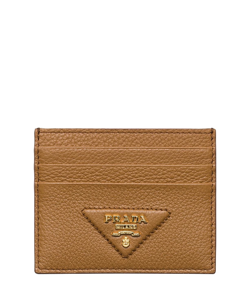 Prada Triangle Logo Leather Card Holder In Caramel