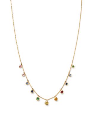 Rainbow Sapphire Bezel Drop Station Necklace in 14K Yellow Gold, 18"