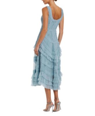 Scoop Neck Sleeveless Mesh Micro Ruffle Midi Dress