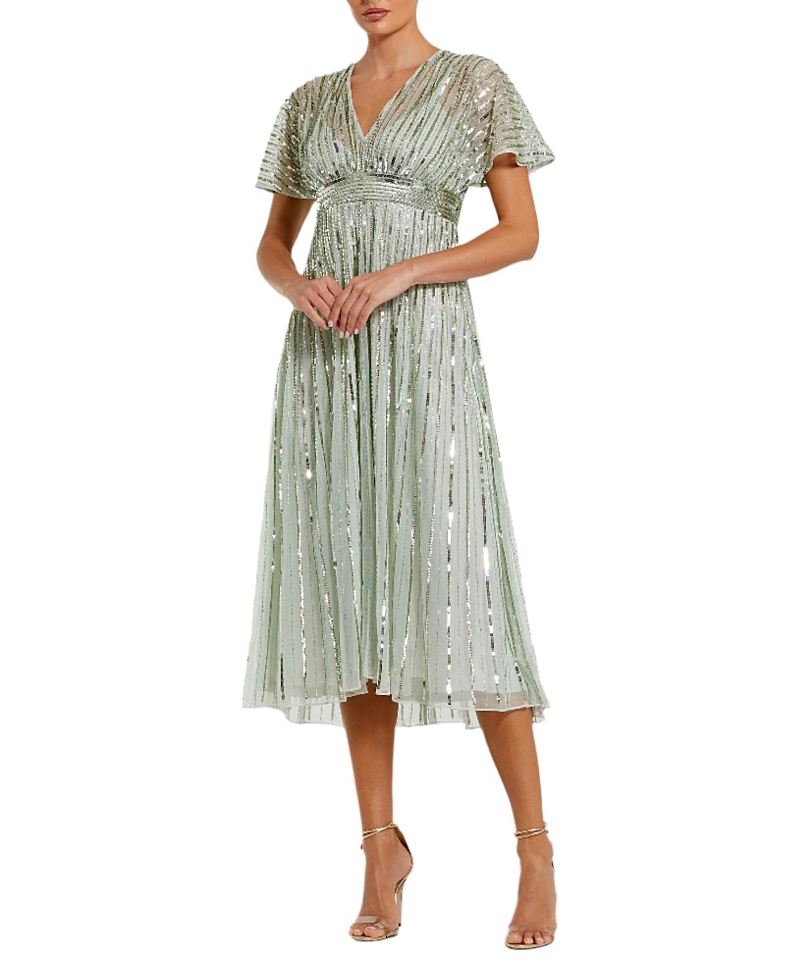 Mac Duggal Hand Embellished Short Sleeve A Line Midi Dress