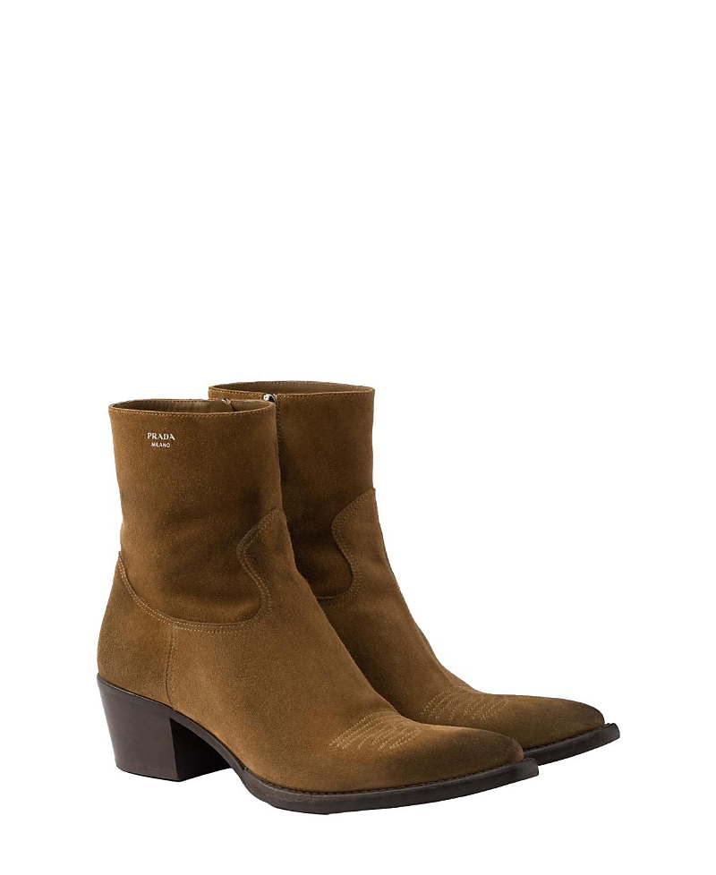 Prada Suede Heeled Western Ankle Boots 55