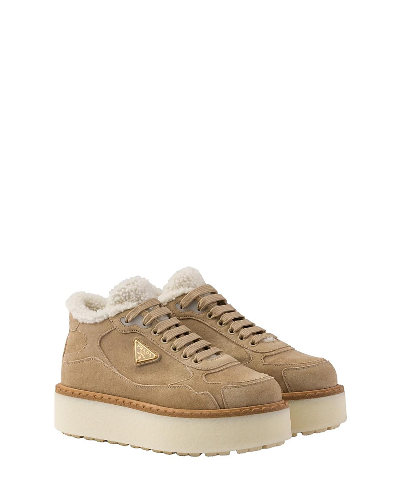 Prada Suede Shearling Platform Sneakers In Neutral